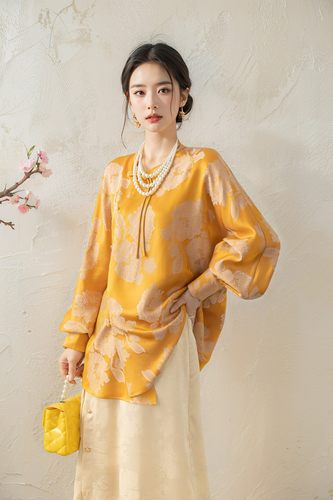 黄色提花重磅真丝中式长袖女衬衫