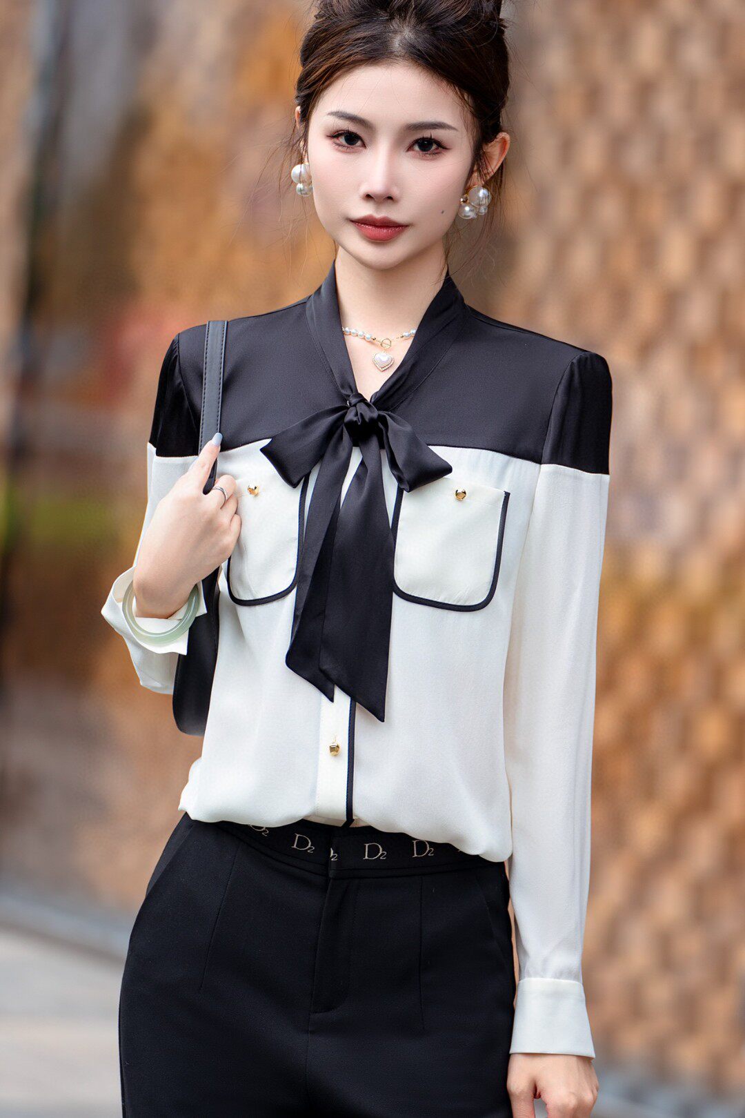 小香风拼接飘带长袖桑蚕丝女衬衫