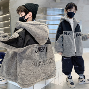 儿童装男童毛毛衣外套秋冬款2024新款男孩加厚加绒衣服炸街连帽潮