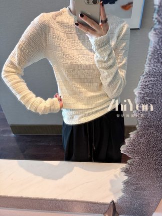 智研 韩国东大门甜美气质百搭弹力合身钩花镂空圆领上衣t恤薄打底