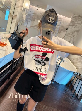 智研 韩国进口自留纯棉圆领白色短袖可爱卡通米奇红字母洋气t恤