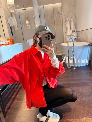 智研 新年红色衬衫 韩国冬季高档细腻灯芯绒百搭宽松休闲衬衫女