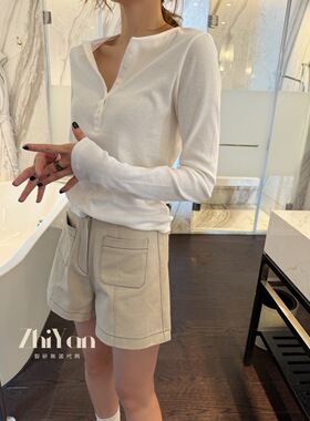 智研 韩国进口 人手必买款 巨显瘦超好版型纽扣套头长袖白色t恤