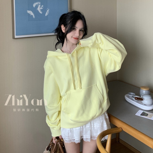 智研 韩国进口100%｜高端25年春嫩黄连帽口袋宽松小众减龄卫衣女