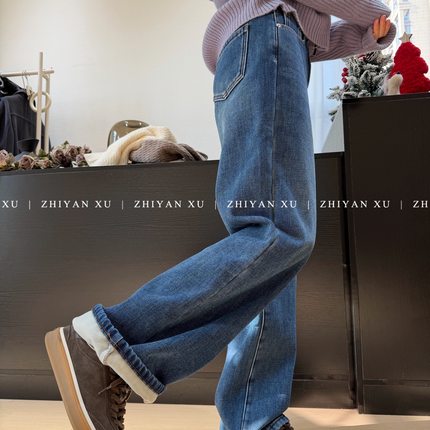 ZHIYAN XU 必买冬裤加绒显瘦深蓝色百搭美式阔腿牛仔裤宽松长裤
