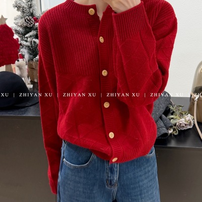韩国红色羊毛针织开衫毛衣冬