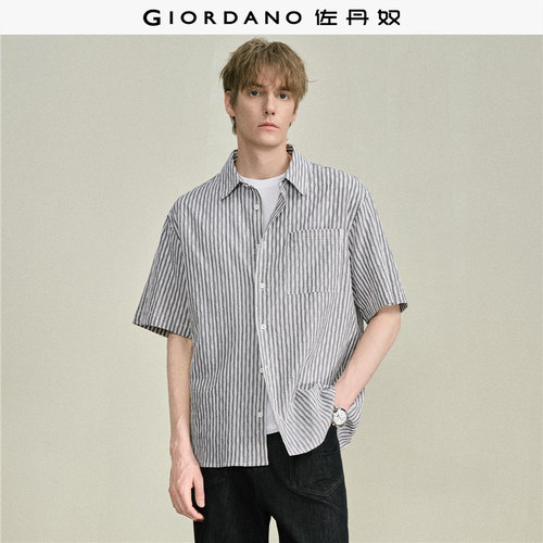 Giordano短袖宽松条纹衬衫口袋