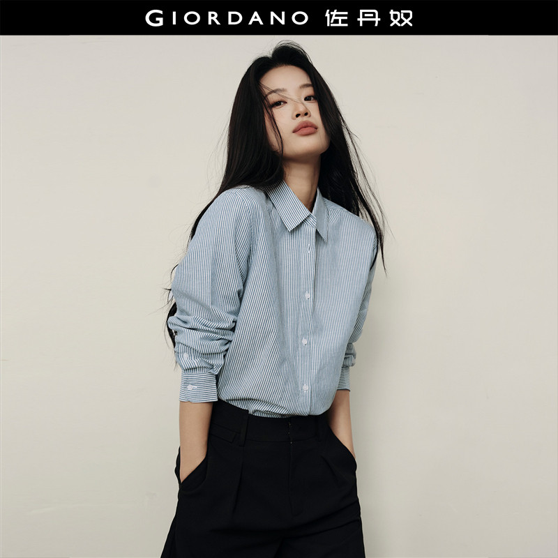 【韩国明星同款】佐丹奴新款亚麻宽松廓形长袖棉麻衬衫女05345498