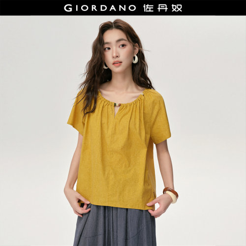 Giordano宽松短袖纯棉串珠衬衫