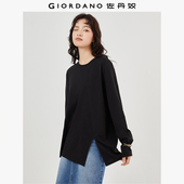 新款 佐丹奴长袖 T恤女2026年春季 纯棉侧开叉宽松圆领上衣05324800