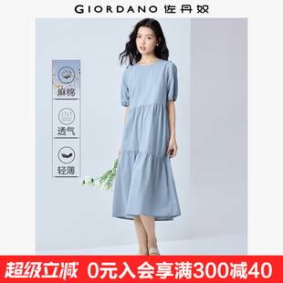 佐丹奴棉麻連衣裙女夏季 蛋糕裙05465323 亞麻文藝風(fēng)圓領(lǐng)泡泡袖 新款
