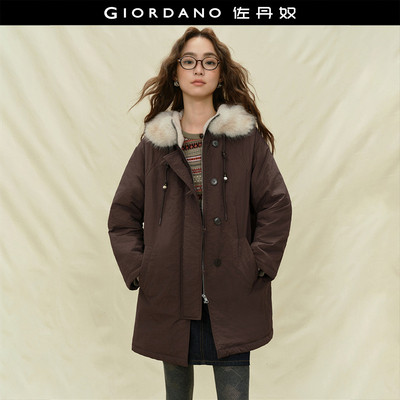 佐丹奴中长款毛领连帽棉衣外套