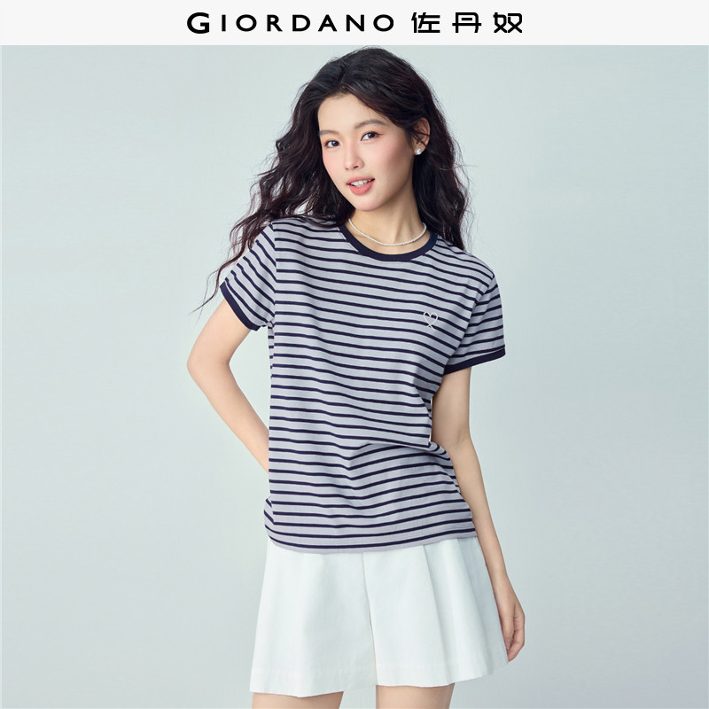 佐丹奴短袖T恤女夏季新款纯棉条纹心形刺绣撞色圆领上衣13326354