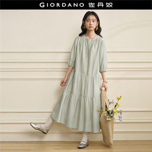 设计师款佐丹奴2026年春新款圆领系带收腰七分袖连衣裙女18466704