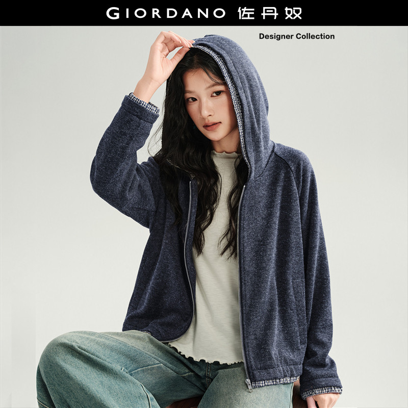 设计师款佐丹奴外套女秋冬复古学院风拼接格纹连帽夹克女183768