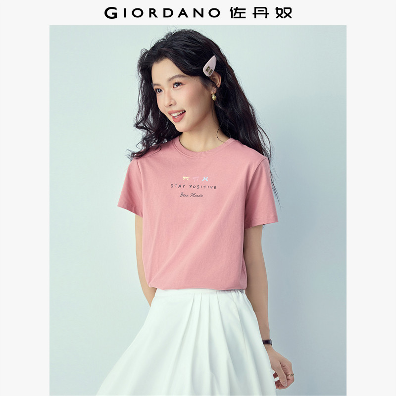 佐丹奴短袖T恤女2026年夏新款纯棉英文标语印花圆领上衣13326300
