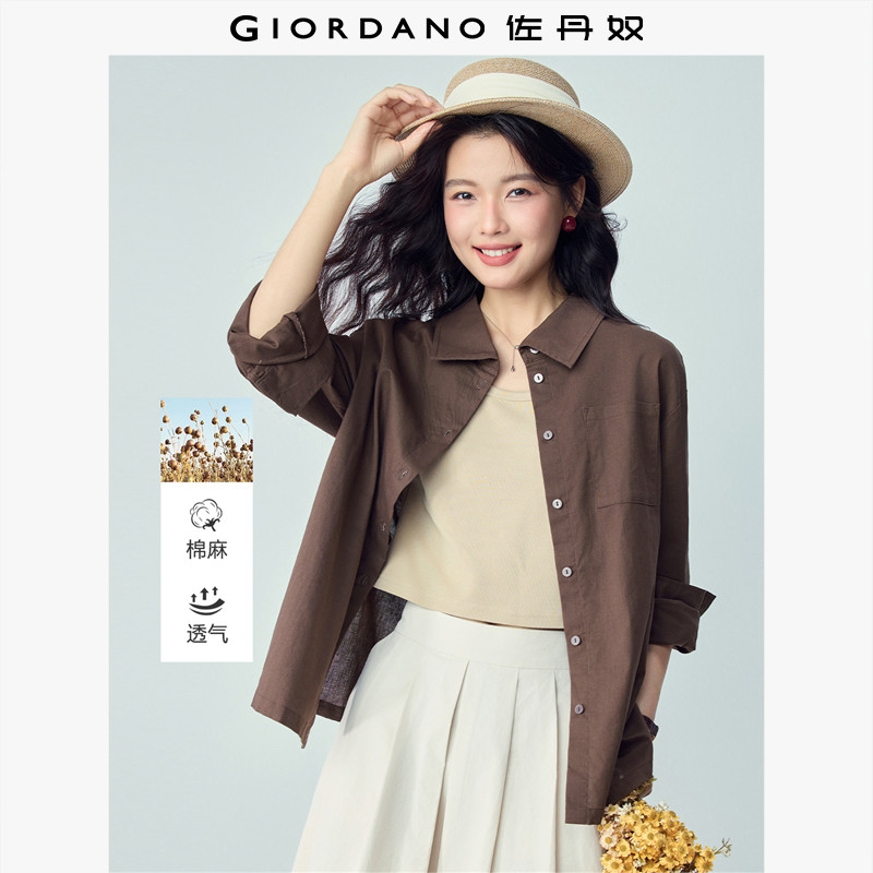 佐丹奴亚麻衬衫女2026年新款棉麻上衣单口袋宽松长袖衬衣13346134