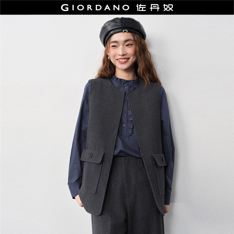 设计师款佐丹奴马甲夹克女新款立体口袋圆领毛呢背心外套18375617