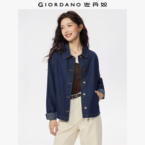 Giordano宽松条纹内里牛仔外套