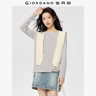佐丹奴长袖 纯棉肩部纽扣船领条纹上衣13324711 T恤女2026年春新款