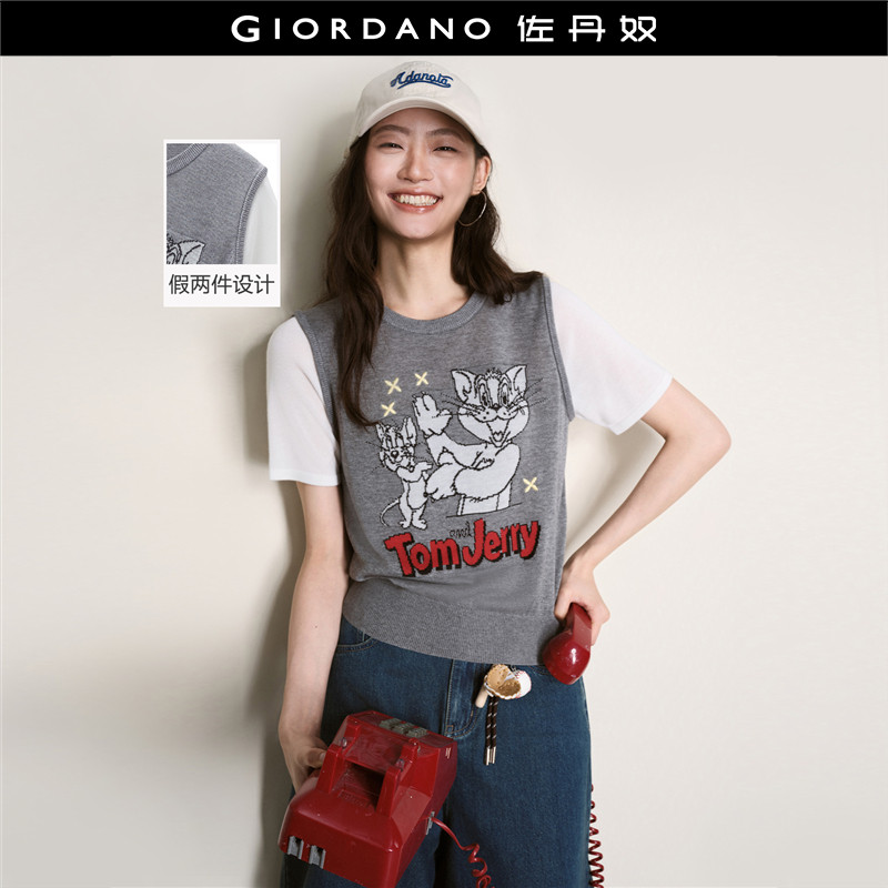 [猫和老鼠联名]佐丹奴莱赛尔提花假两件圆领短袖针织衫女18356709