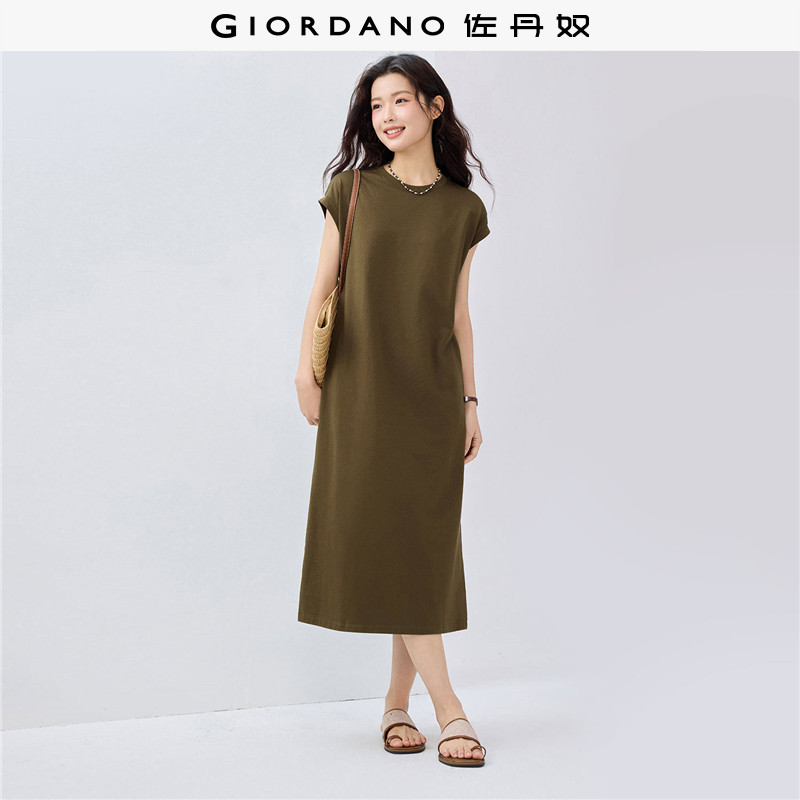 佐丹奴直筒裙子女夏季新款纯色极简风圆领连袖针织连衣裙05465480