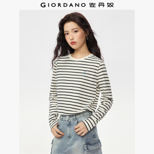 T恤女05325862 绣花圆领复古条纹长袖 佐丹奴2026年春新款 纯棉t恤衫