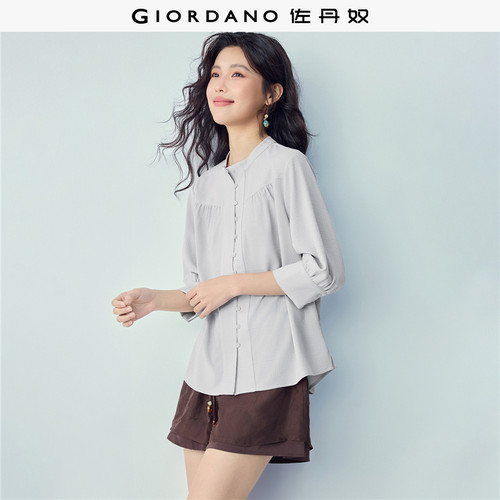 Giordano七分袖泡泡皱拼接衬衫