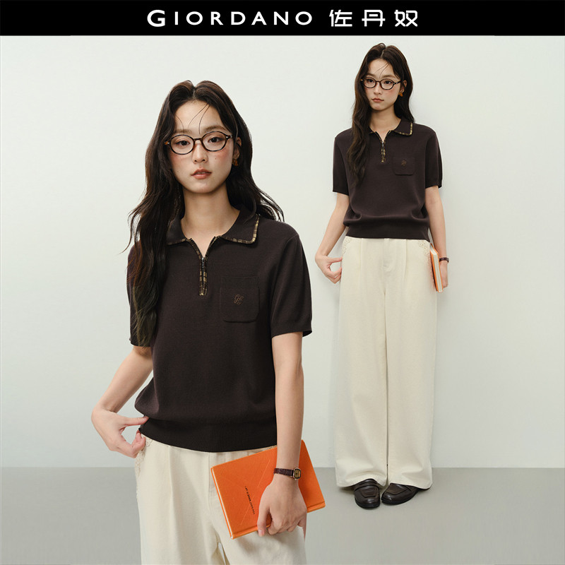 设计师款佐丹奴针织衫女拼接格纹翻领刺绣口袋短袖POLO衫18356312