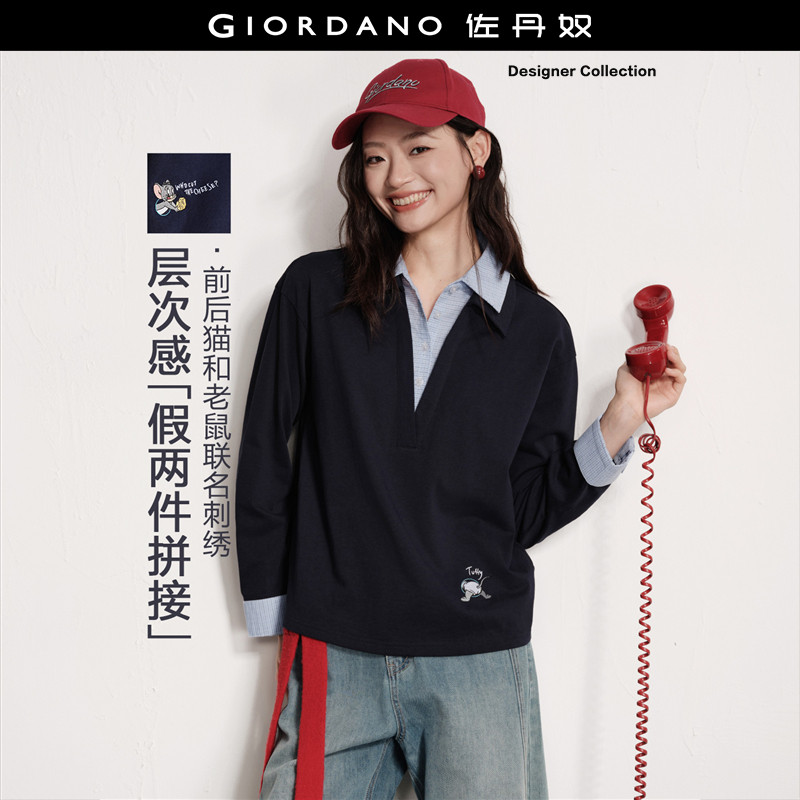 [猫和老鼠联名]佐丹奴新款刺绣假两件格纹翻领长袖T恤女18326833