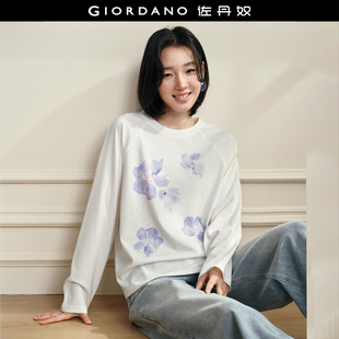 设计师款 T恤女18326504 佐丹奴2026年春花朵印花宽松圆领插肩长袖