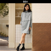 BSX女装2026年春新款长袖裙子胶章宽松半开襟连帽连衣裙04465151
