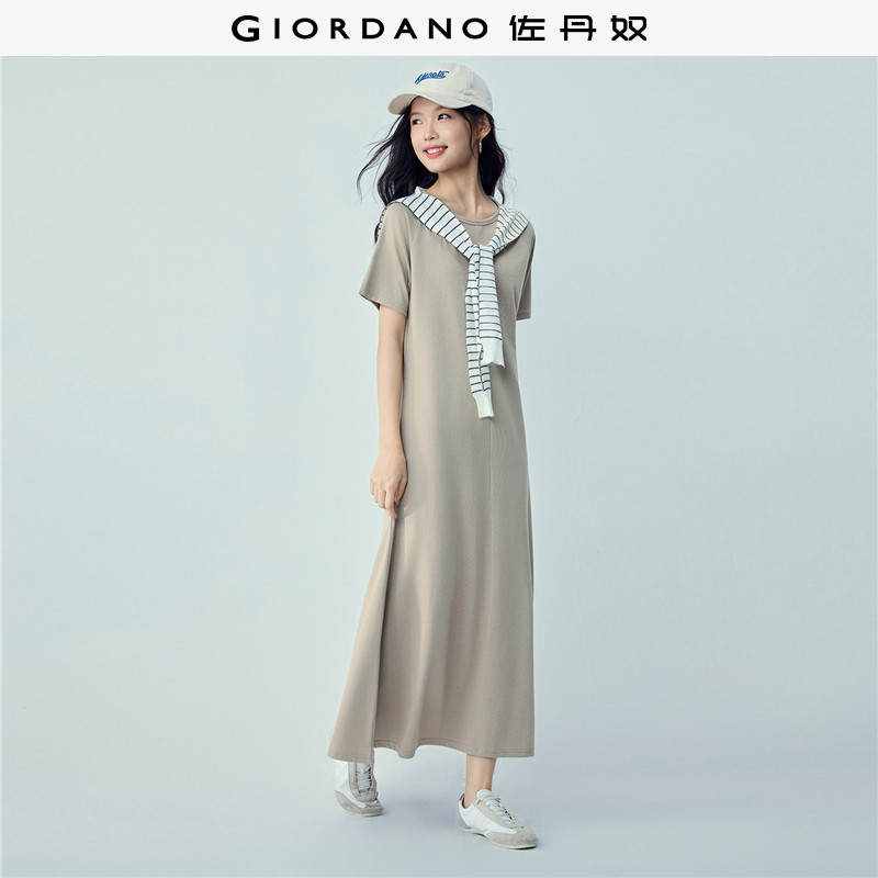 佐丹奴短袖裙子女2026年夏季纯色破骨圆领插肩t恤连衣裙05466464