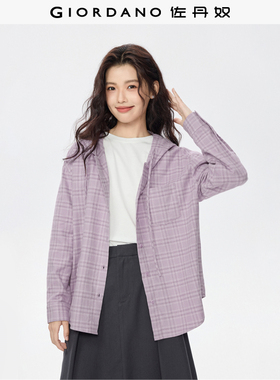 佐丹奴法兰绒衬衫女新款纯棉美式学院风宽松连帽格子衬衫13345860