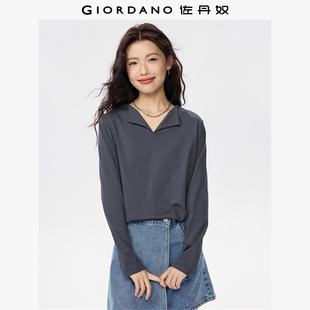 T恤女13325790 纯色破骨小V翻领长袖 佐丹奴2026年春新款 纯棉t恤衫