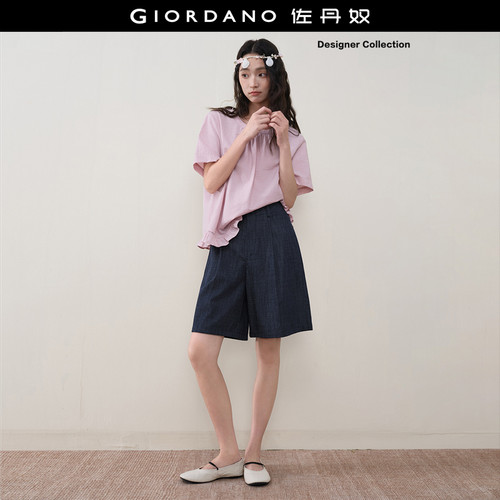 Giordano牛仔裤短裤压褶高腰