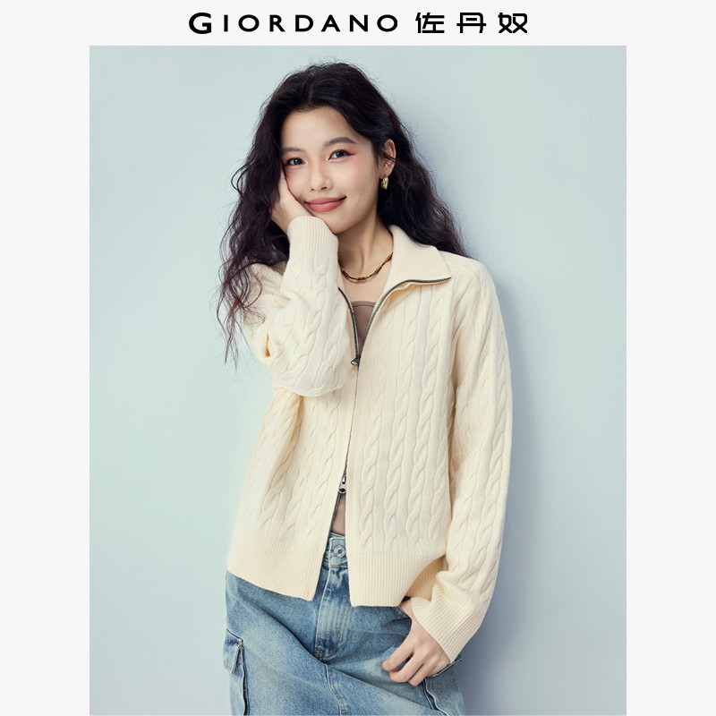 佐丹奴针织衫女2026年春新款宽松翻领双拉链绞花毛衣开衫13356201