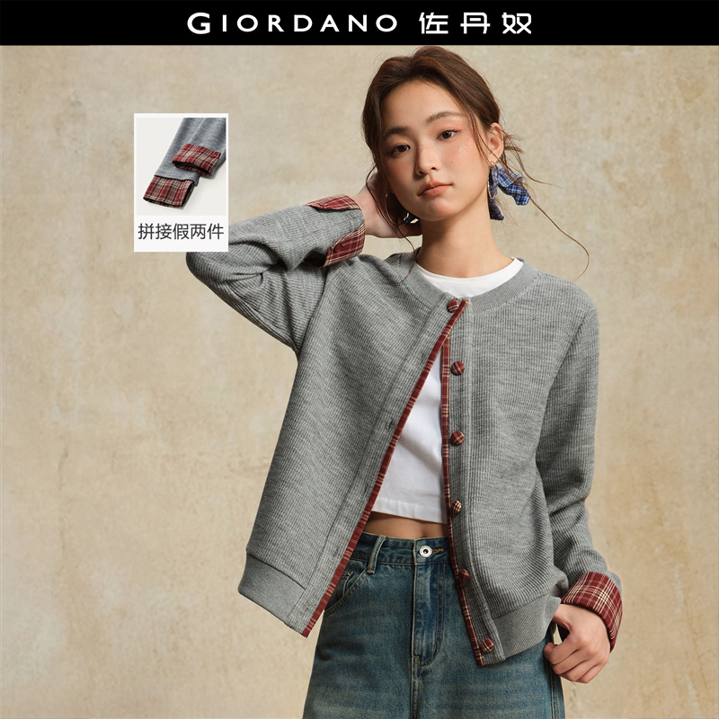 Giordano拼接格纹针织外套
