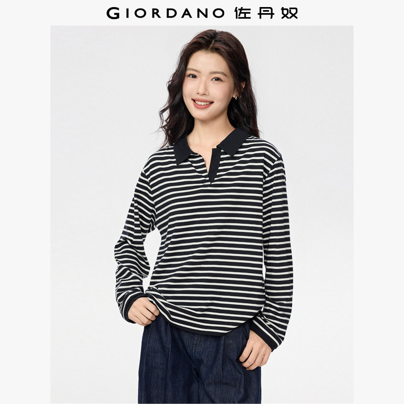 佐丹奴长袖Polo衫女秋冬新款纯棉条纹撞色复古polo领上衣13315657,女装/女士精品,POLO衫,淘宝优惠券,粉丝福利购,淘宝优惠卷