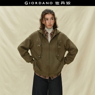 18375818 仿麂皮几何刺绣连帽宽松夹克开衫 设计师款 佐丹奴外套女装