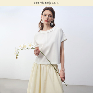 上衣02325015 GL2025夏季 新款 短袖 t恤女丝光棉纯色简约小立领连袖
