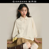 针织POLO衫 设计师款 佐丹奴2026年春拼接蕾丝翻领七分袖 女18316602