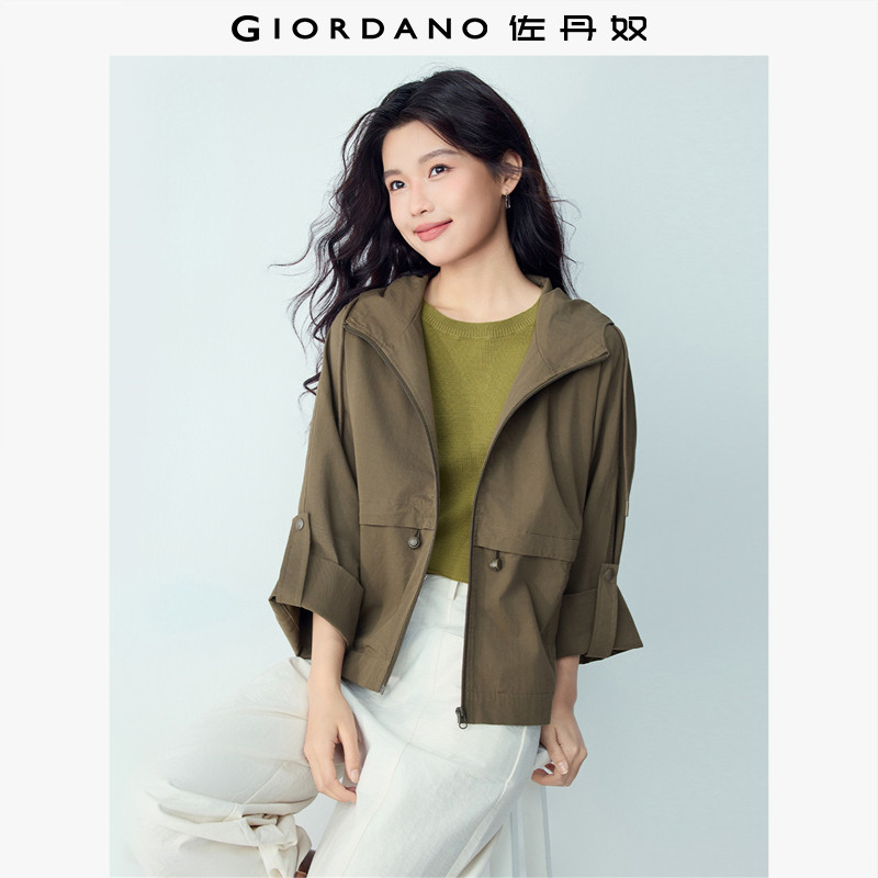 佐丹奴夹克女纯棉可卷蝙蝠袖宽松廓形可收腰连帽风衣外套13376149