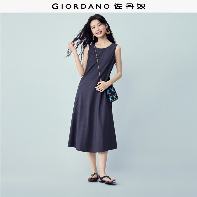 佐丹奴无袖裙子女夏季新款肌理感纯色圆领收腰背心连衣裙13466269