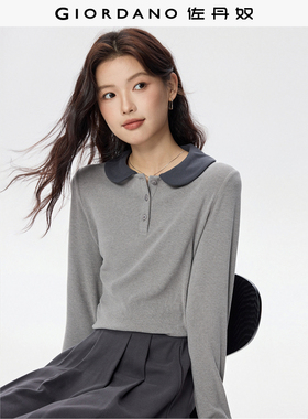 佐丹奴长袖Polo衫女秋冬新款弹力坑条撞色娃娃领休闲上衣05315789