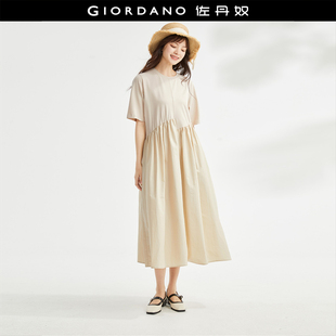 连衣裙女18464702 纯棉拼接圆领压褶短袖 设计师款 佐丹奴裙子女新款