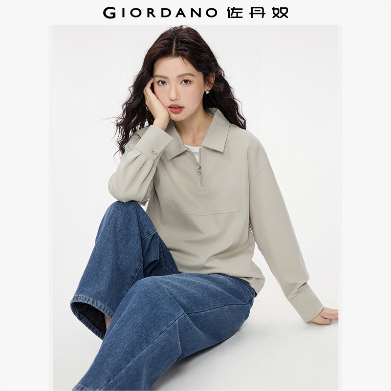 佐丹奴卫衣女春季新款双面布套头衫纯色翻领半拉链上衣女13325762