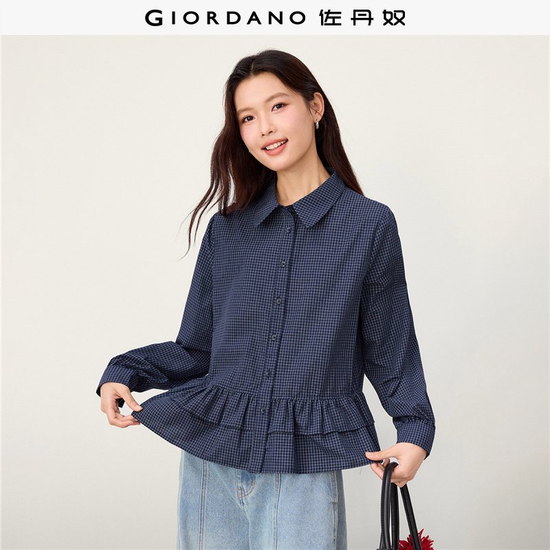 Giordano长袖格纹衬衫花边下摆图片