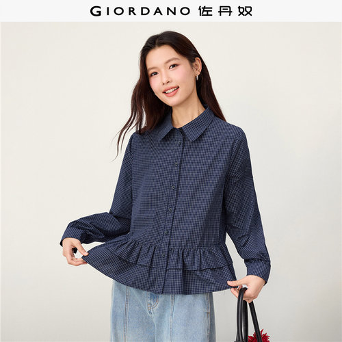 Giordano长袖格纹衬衫花边下摆