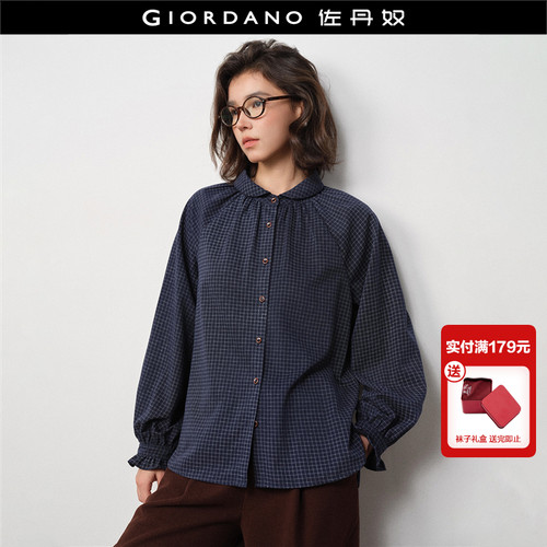 Giordano长袖格纹娃娃领衬衫